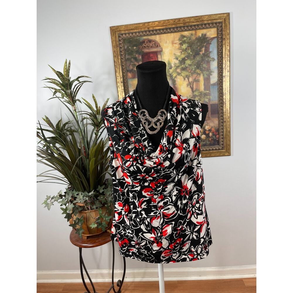 Kasper Blouse Top Womens 16 Black Red Floral Sleeveless Cowl Neck Contemporary